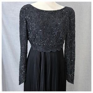 Badgley Mischka Vintage 90s Beaded Lace Bodice Accordion Pleat Dress 10